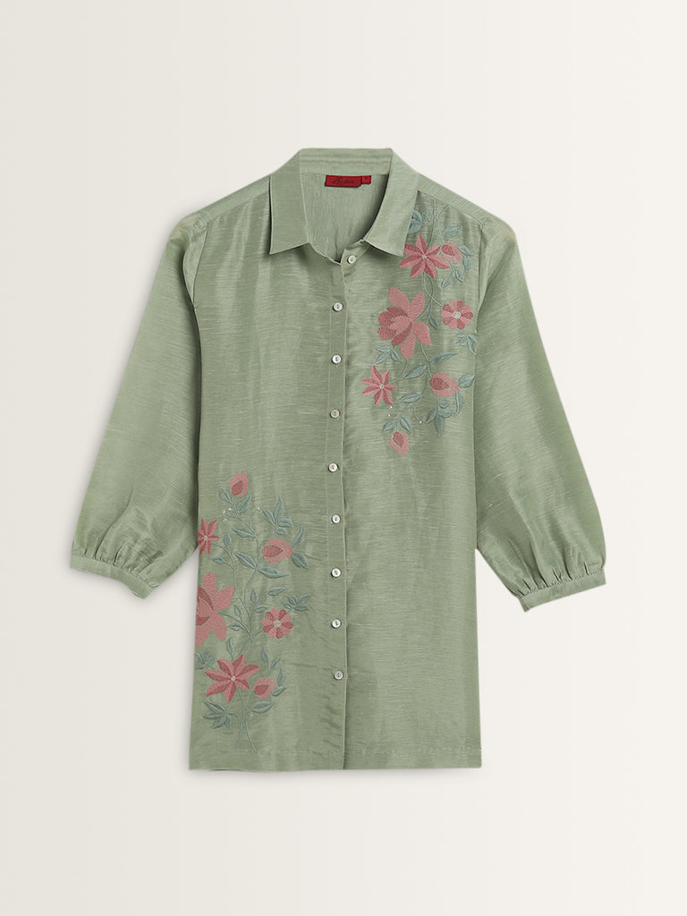 Zuba Sage Floral Embroidered A-Line Tunic