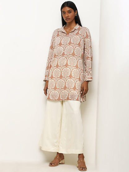 Zuba Brown Abstract Printed A-line Kurti