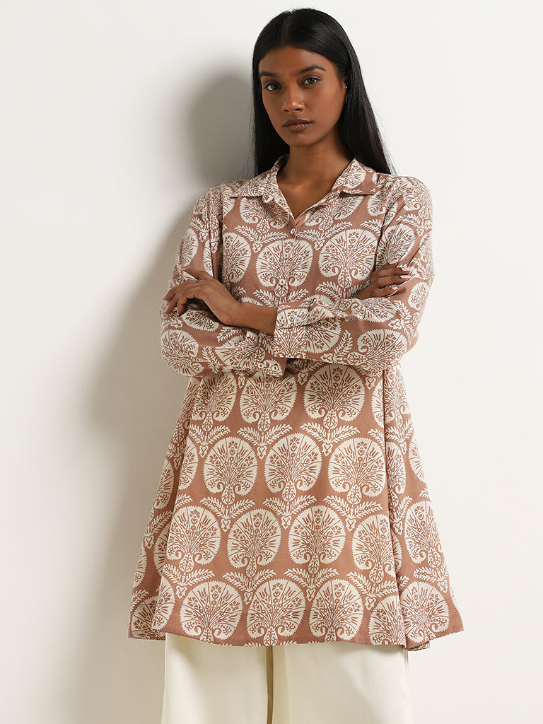 Zuba Brown Abstract Printed A-line Kurti