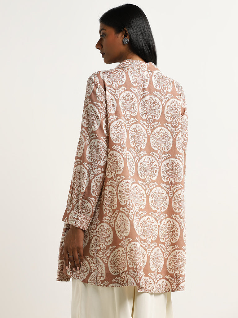 Zuba Brown Abstract Printed A-line Kurti