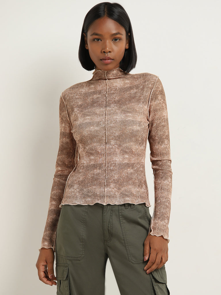 Nuon Brown Abstract Design Mesh Top