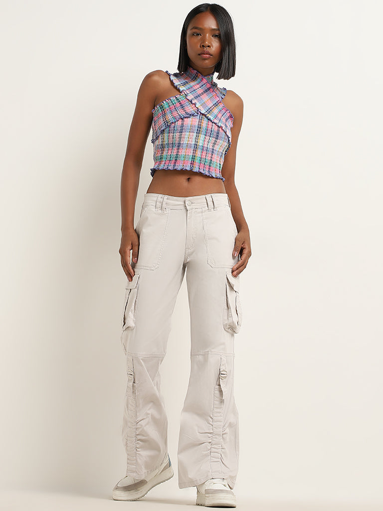 Nuon Multicolour Checks Design Criss-Cross Cotton Crop Top