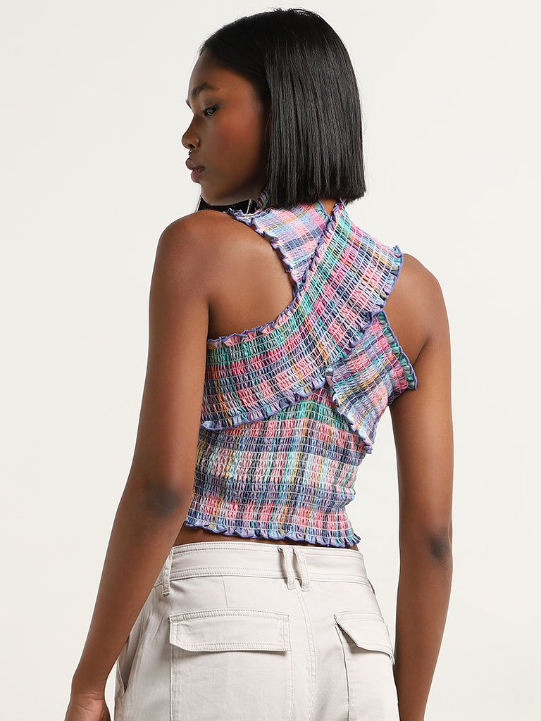 Nuon Multicolour Checks Design Criss-Cross Cotton Crop Top