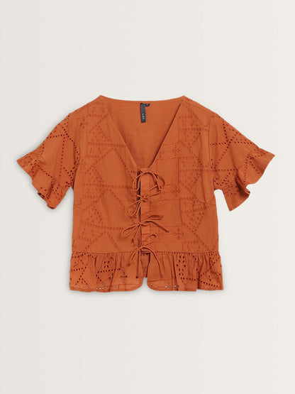 LOV Rust Schiffli Design Cotton Top