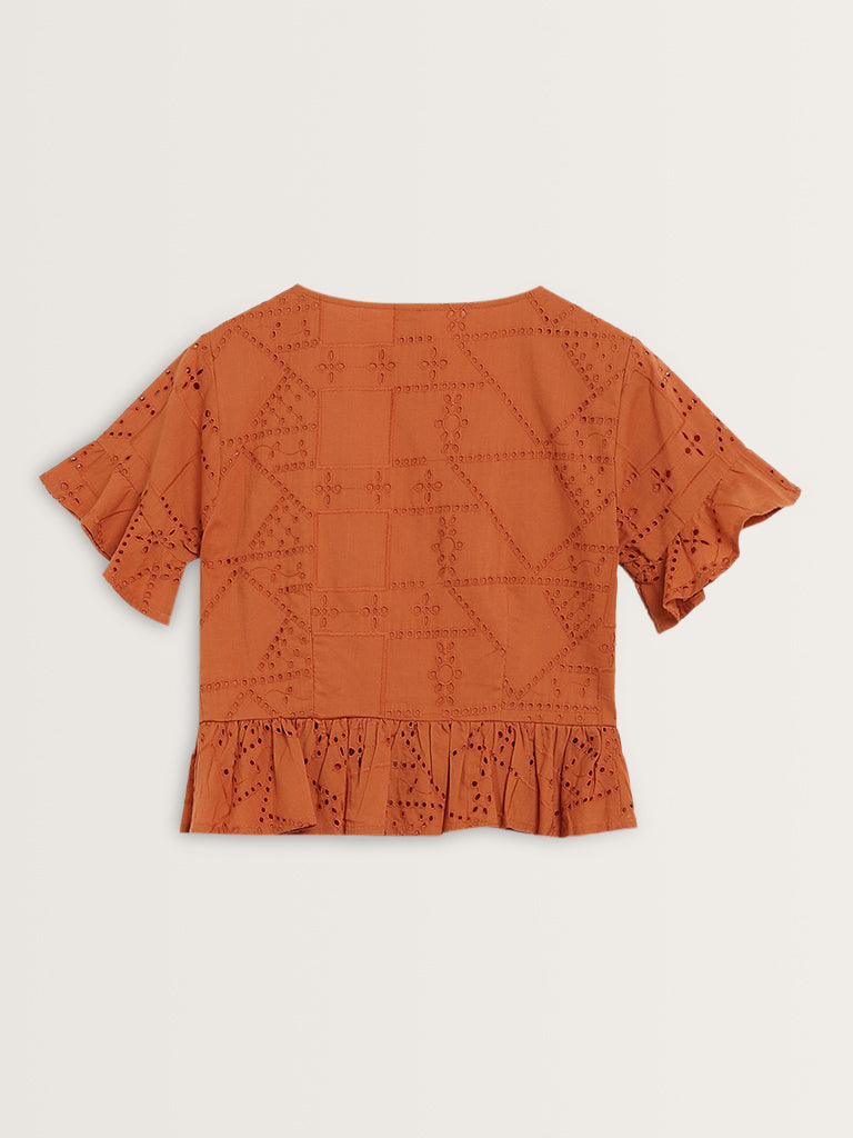 LOV Rust Schiffli Design Cotton Top