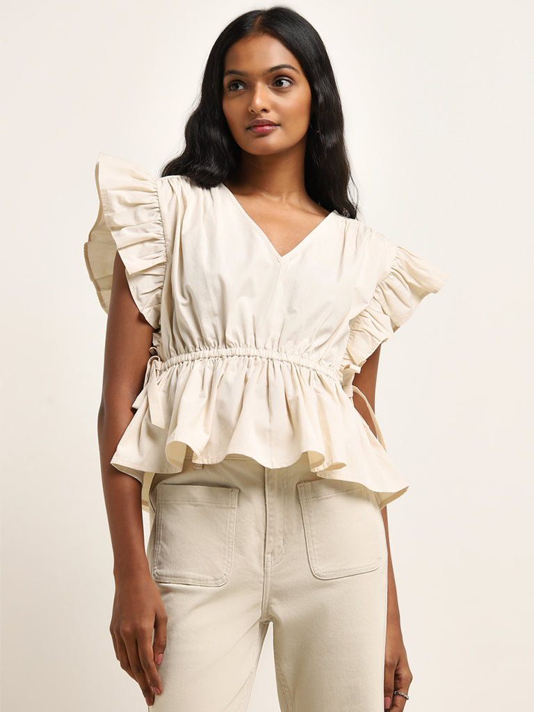 LOV Beige Ruffle-Detailed Peplum Cotton Top