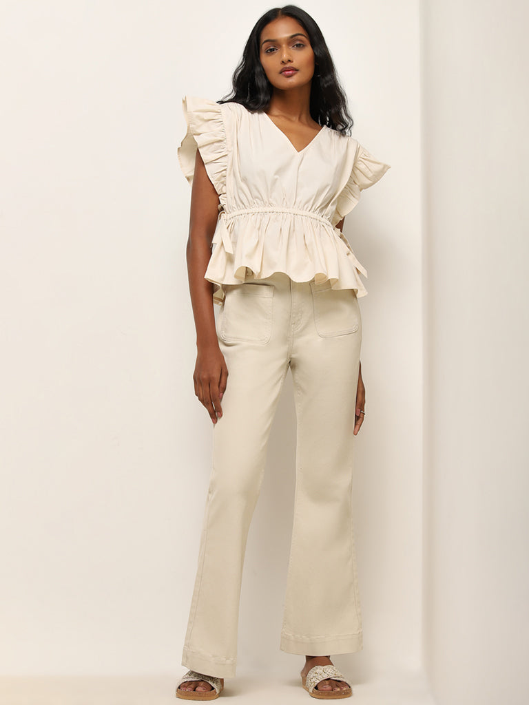 LOV Beige Ruffle-Detailed Peplum Cotton Top