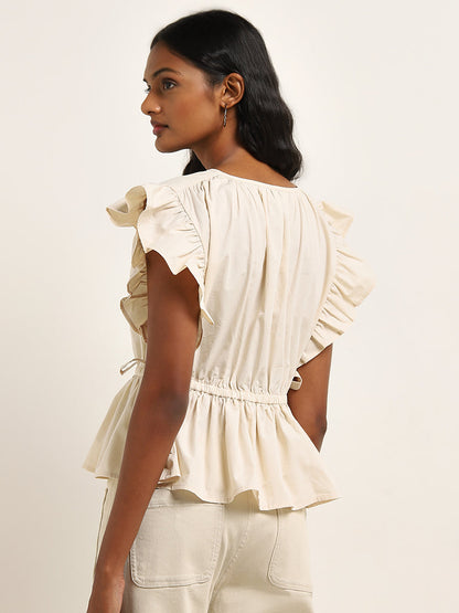 LOV Beige Ruffle-Detailed Peplum Cotton Top