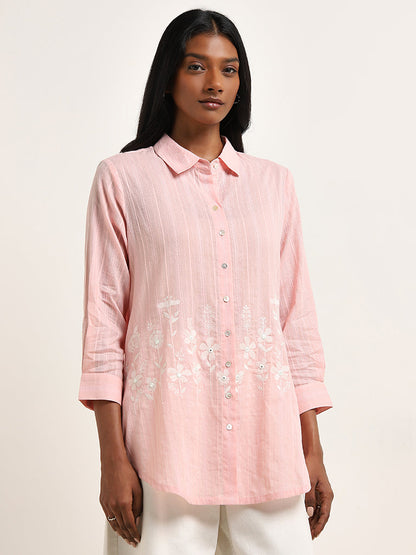 Utsa Light Pink Floral Embroidered Cotton Tunic