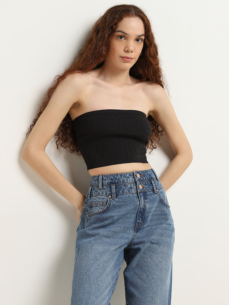 Nuon Black Knit-Textured Cotton Blend Tube Top