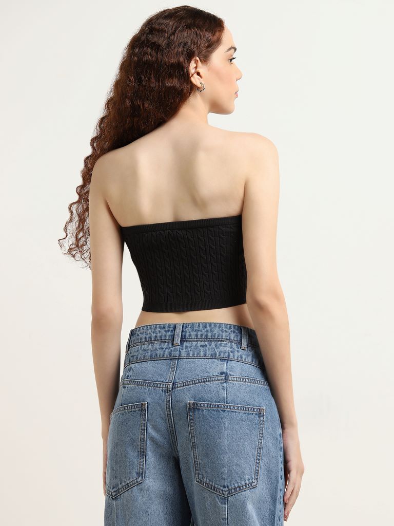 Nuon Black Knit-Textured Cotton Blend Tube Top