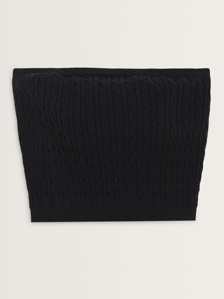 Nuon Black Knit-Textured Cotton Blend Tube Top