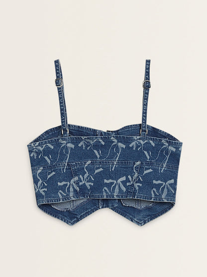 Nuon Dark Blue Bow Design Denim Crop Top