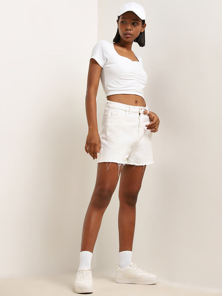 Nuon White Ruched Design Crop Top