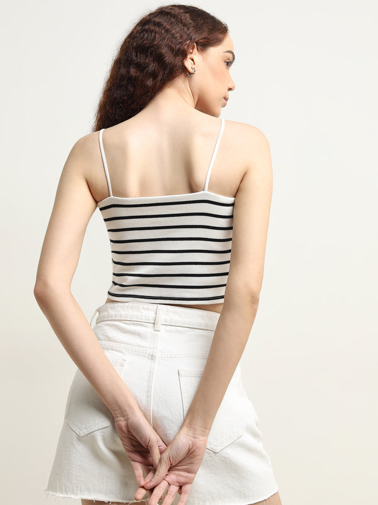 Nuon White Striped Knitted Cotton Blend Top