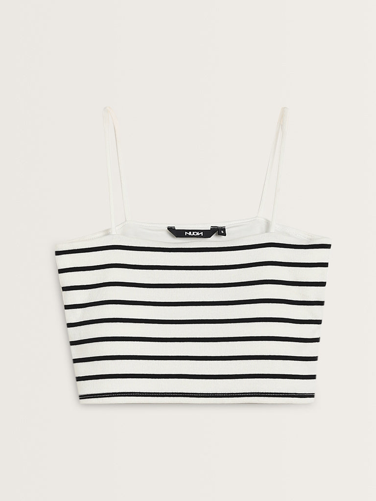 Nuon White Striped Knitted Cotton Blend Top