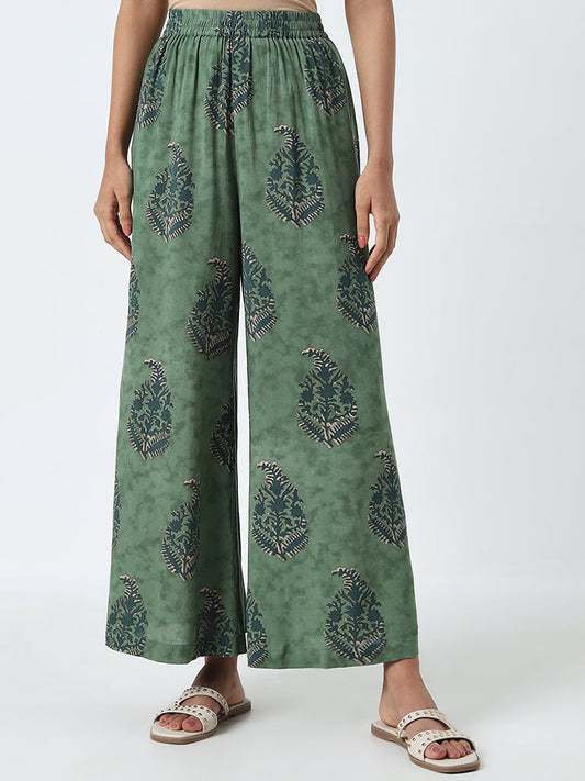 Utsa Green Printed High-Rise Cotton Palazzos