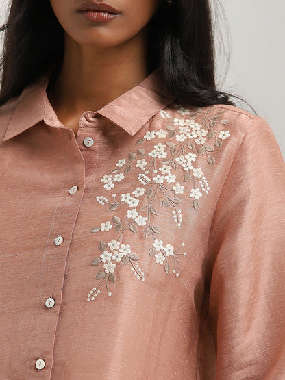 Zuba Dusty Pink Floral Embroidered A-Line Tunic