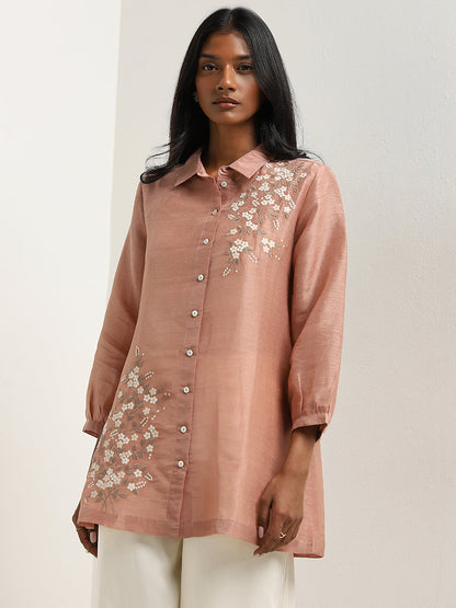 Zuba Dusty Pink Floral Embroidered A-Line Tunic