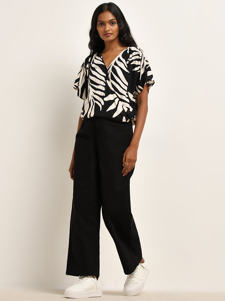 LOV Black Leaf Patterned Wrap-Over Top