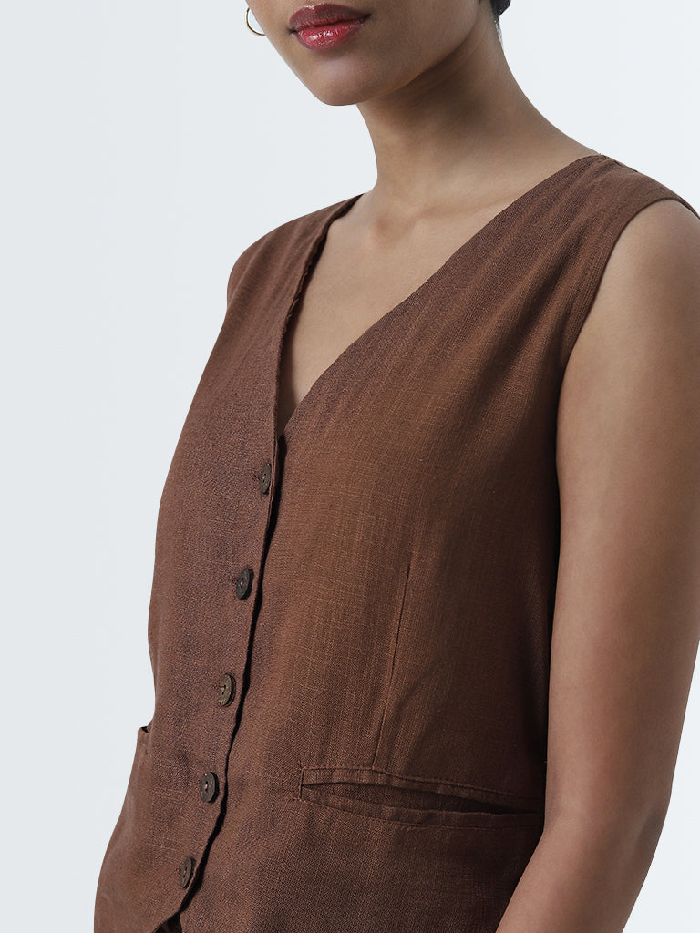 LOV Dark Brown Waistcoat-Style Blended Linen Top