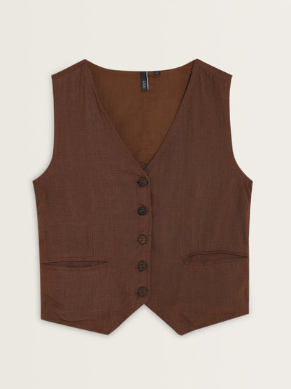 LOV Dark Brown Waistcoat-Style Blended Linen Top