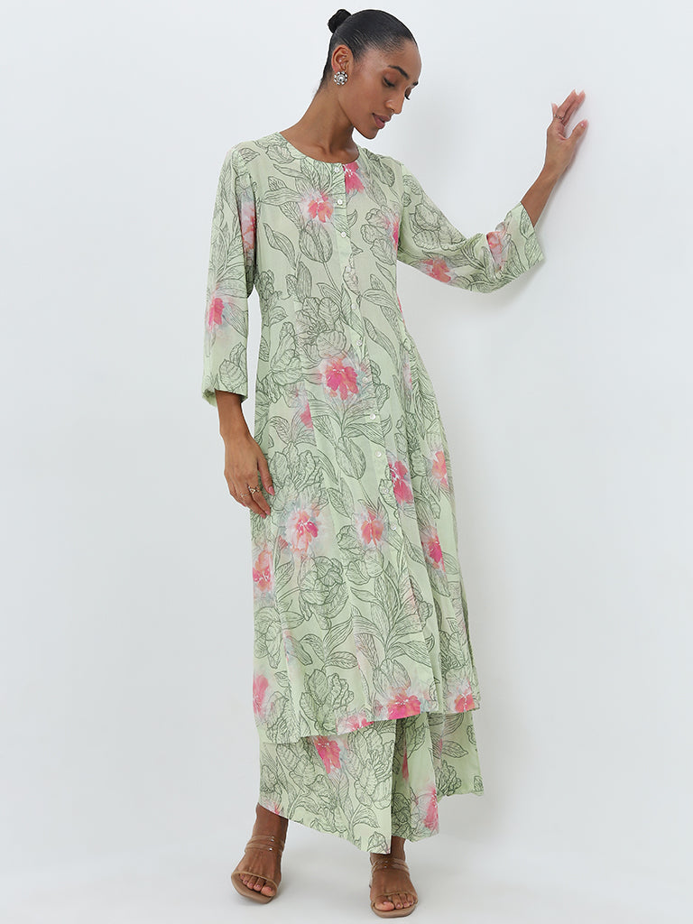 Zuba Light Green Leaf Design High-Rise Palazzos