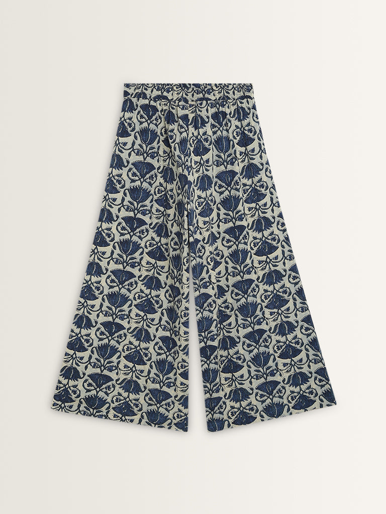 Utsa Blue Floral Patterned High-Rise Cotton Palazzos