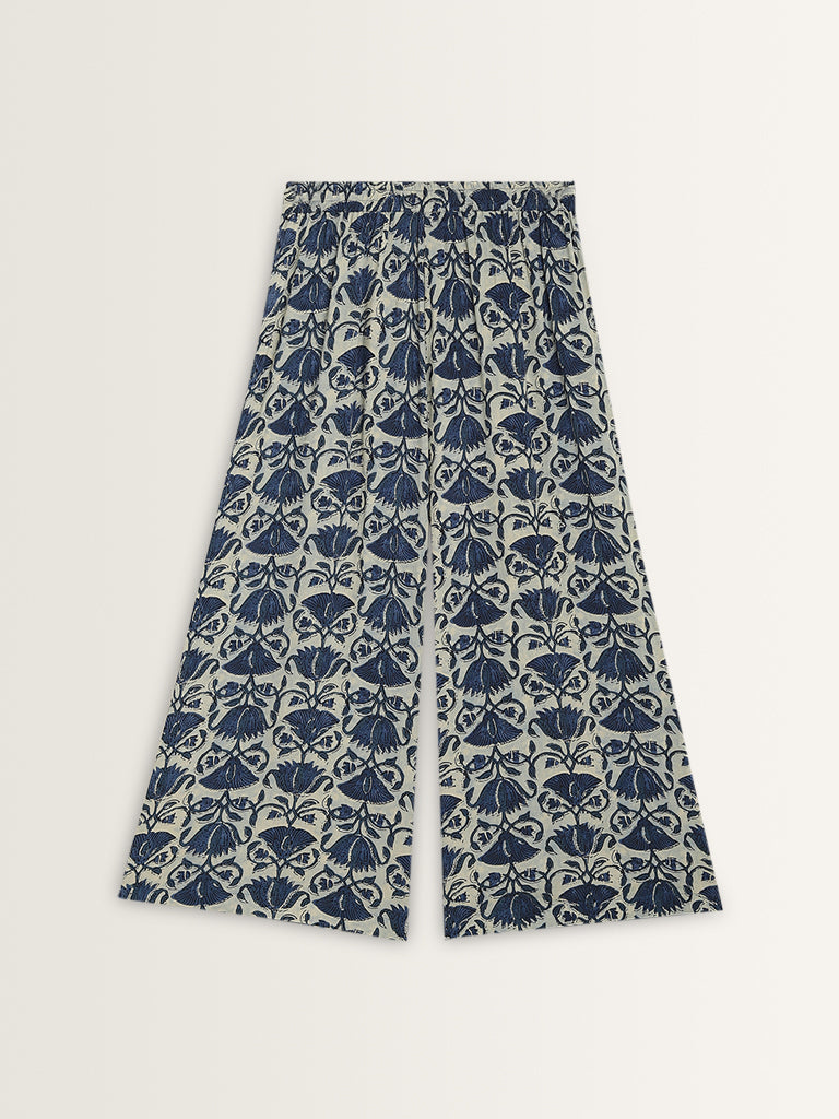 Utsa Blue Floral Patterned High-Rise Cotton Palazzos