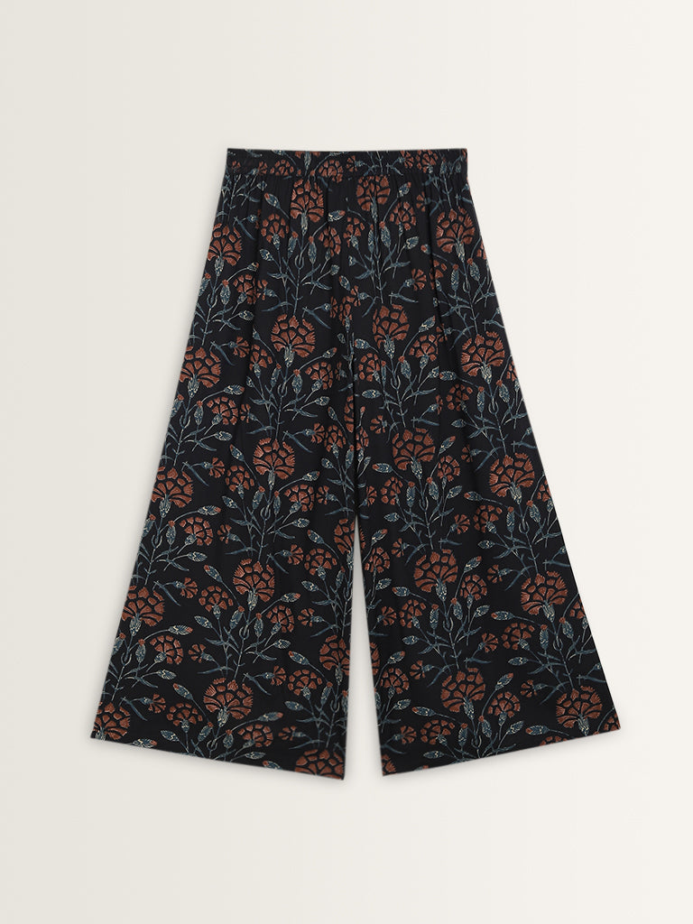 Utsa Navy Floral Printed High-Rise Cotton Palazzos