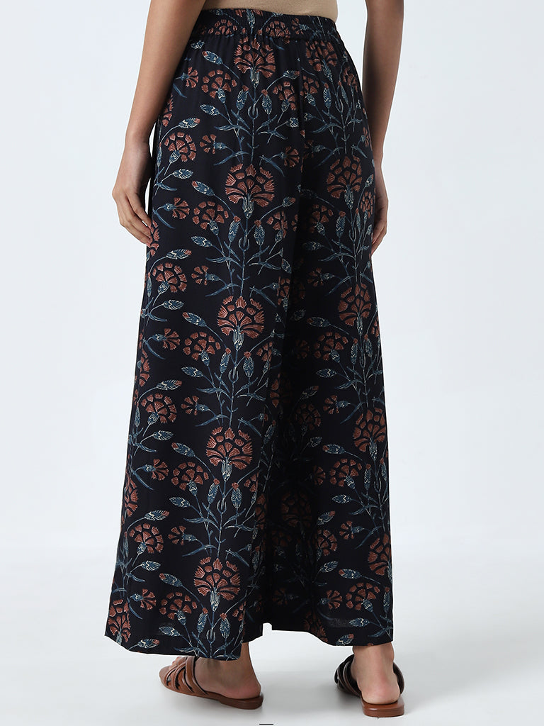 Utsa Navy Floral Printed High-Rise Cotton Palazzos