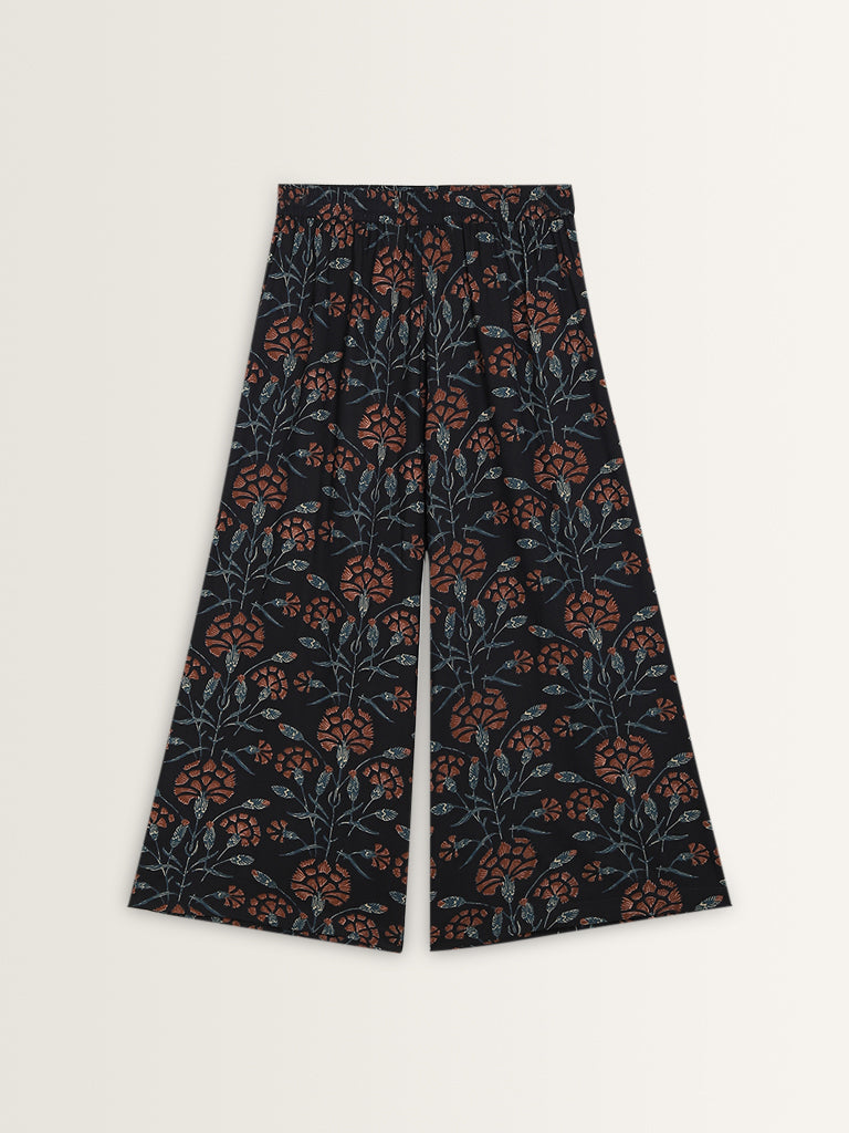 Utsa Navy Floral Printed High-Rise Cotton Palazzos