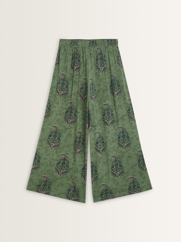 Utsa Green Printed High-Rise Cotton Palazzos