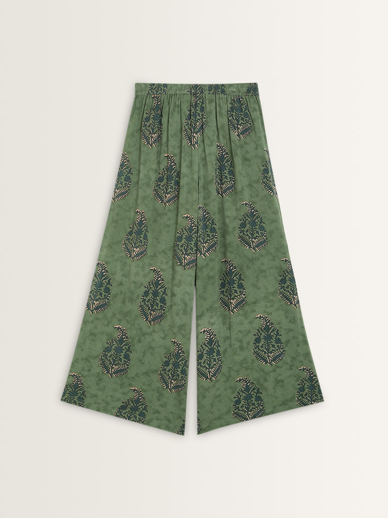 Utsa Green Printed High-Rise Cotton Palazzos