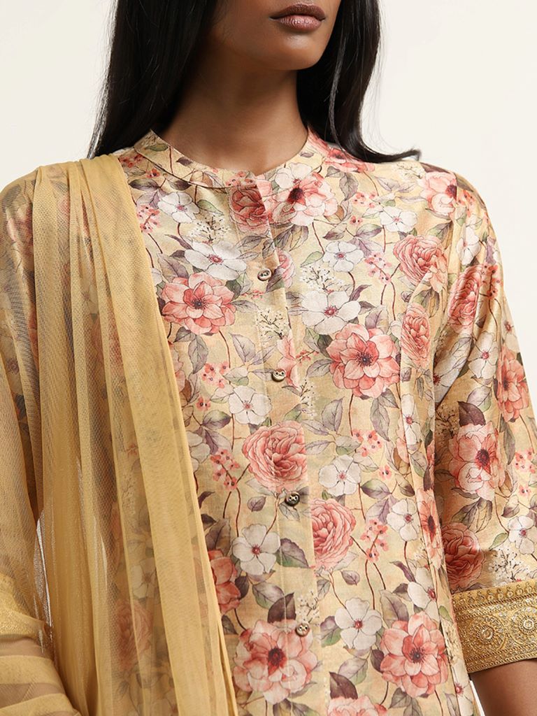 Vark Yellow Floral A-Line Kurta, Palazzos and Dupatta Set