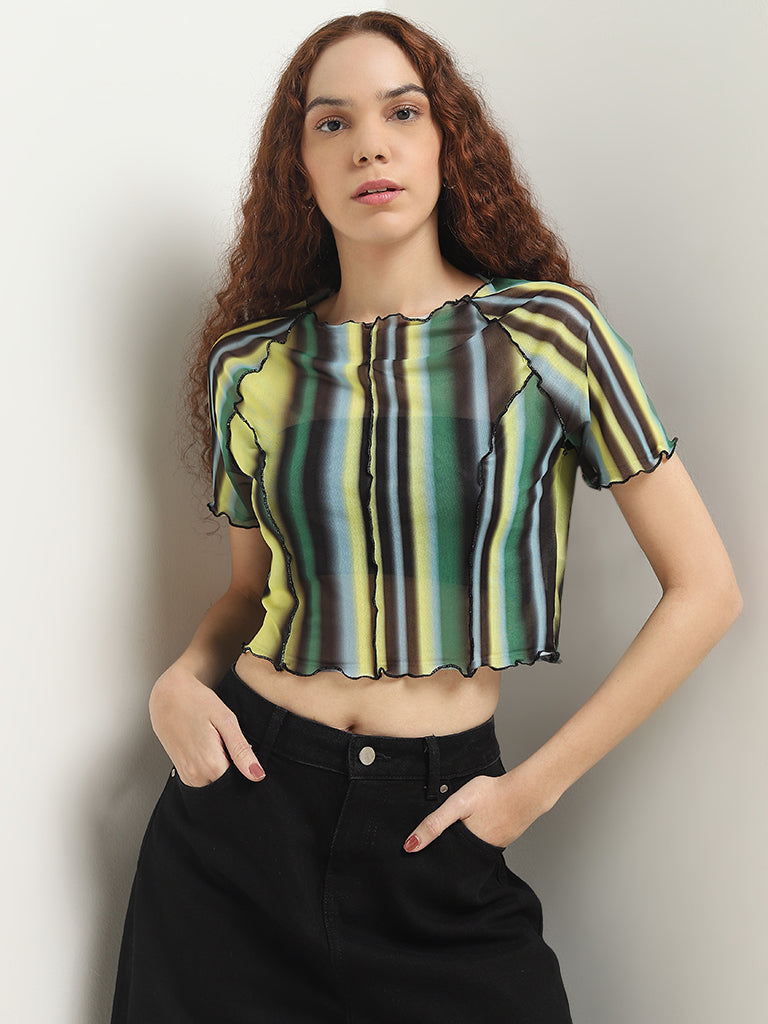 Nuon Lime Stripe Printed Mesh Top