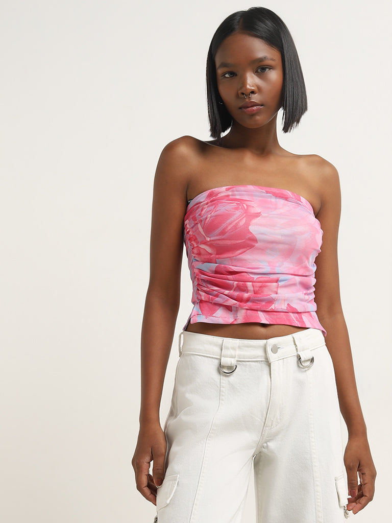 Nuon Pink Floral Printed Mesh Tube Top