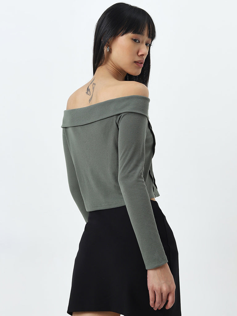 Nuon Olive Off-Shoulder Cotton Top