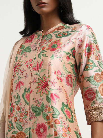 Vark Peach Floral Printed Kurta, Palazzos And Dupatta Set