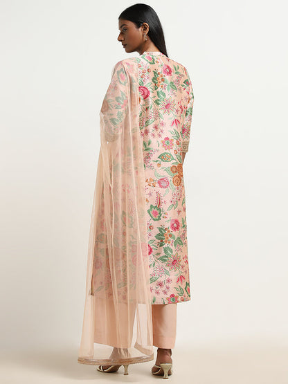 Vark Peach Floral Printed Kurta, Palazzos And Dupatta Set