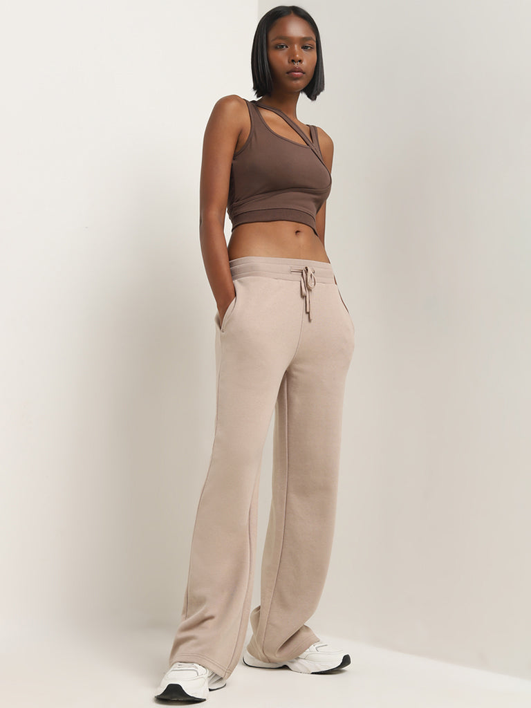 Studiofit Brown Cut-Out Design Cotton Blend Crop Top