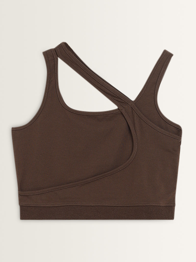 Studiofit Brown Cut-Out Design Cotton Blend Crop Top