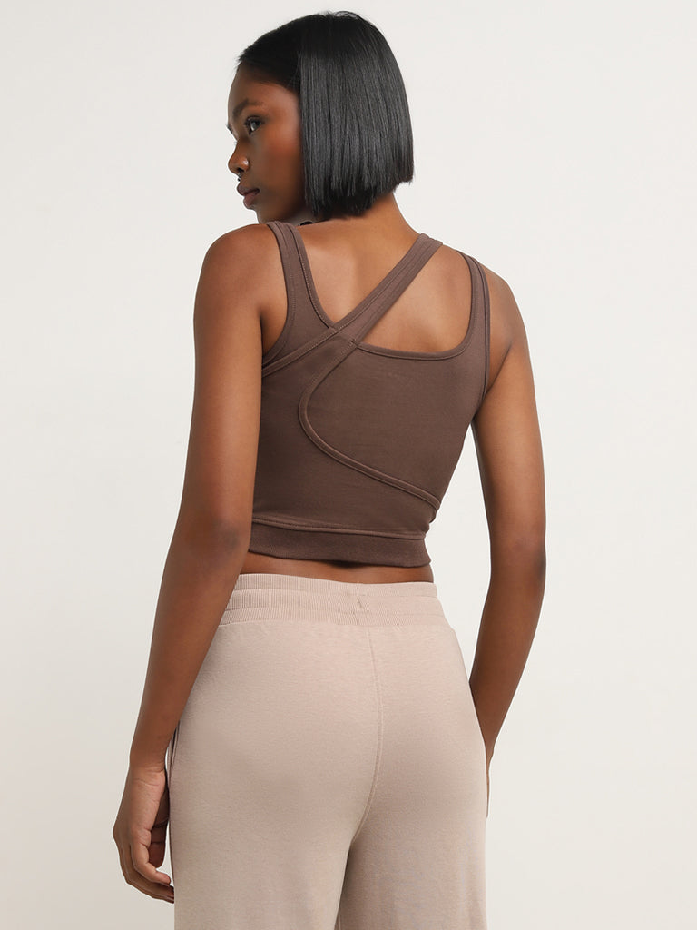 Studiofit Brown Cut-Out Design Cotton Blend Crop Top