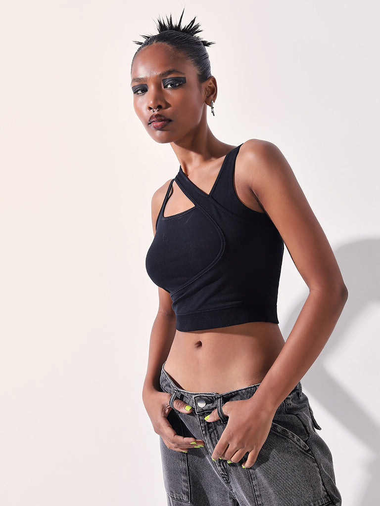 Studiofit Black Cut-Out Design Cotton Blend Crop Top