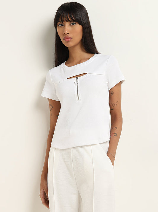 Studiofit White Ribbed Textured Cut-Out Cotton Blend Top