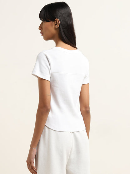 Studiofit White Ribbed Textured Cut-Out Cotton Blend Top