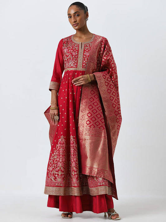 Vark Magenta Embroidered Kurta, Skirt and Dupatta Set