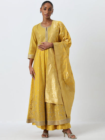 Vark Mustard Embroidered Kurta, Skirt and Dupatta Set