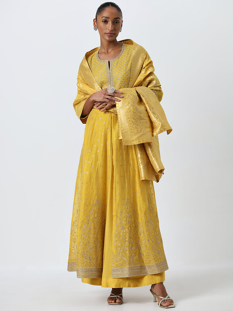 Vark Mustard Embroidered Kurta, Skirt and Dupatta Set