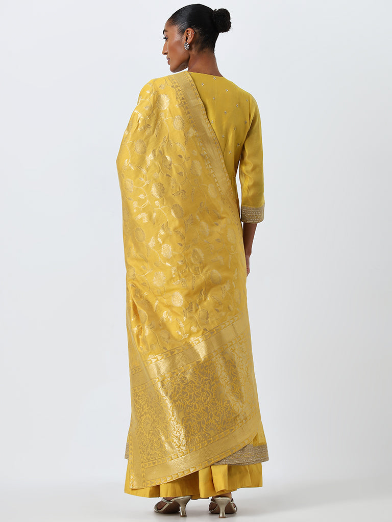 Vark Mustard Embroidered Kurta, Skirt and Dupatta Set